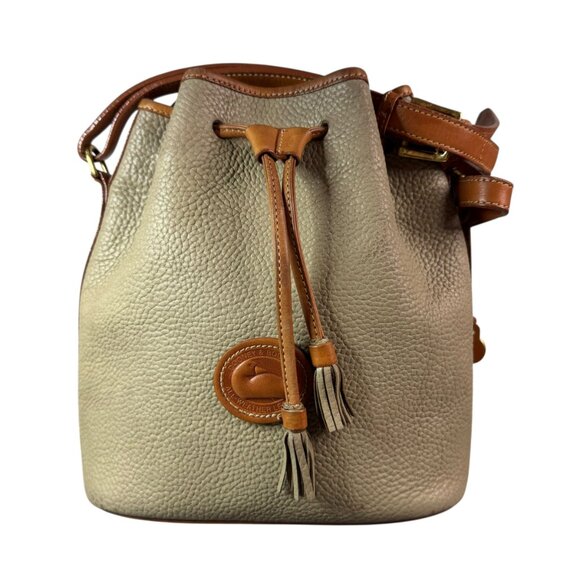 Vintage Dooney & Bourke All Weather Leather Bucket Bag Taupe Tan Drawstring - Picture 1 of 16